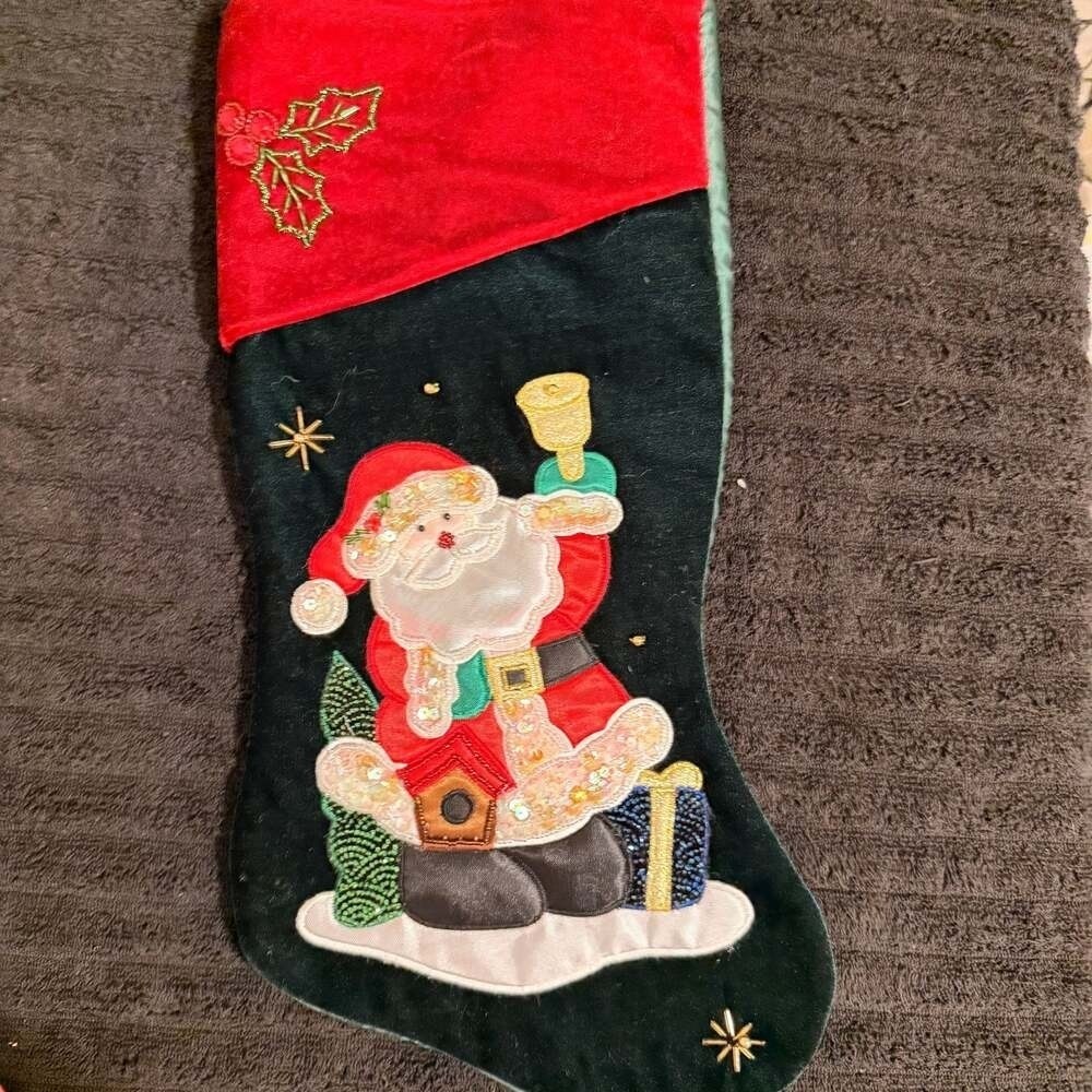 Vintage Beaded Embroidered Christmas Stocking Velvet Santa Clause - New